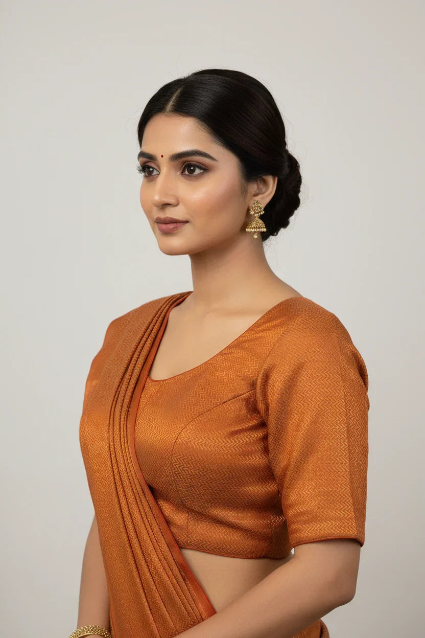 Woman in a rust-orange textured Indian saree blouse with gold jhumka earrings and neat bun hairstyle