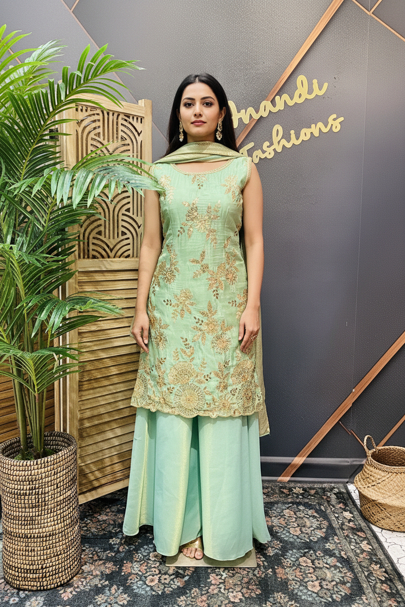 Party Wear Sharara Set Size 36 with Gold Zari Embroidery Work