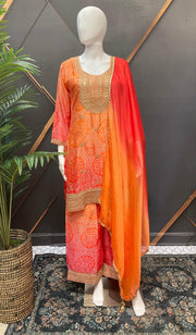 Orange Bandhani Party Wear Palazzo Set - Chinon Material