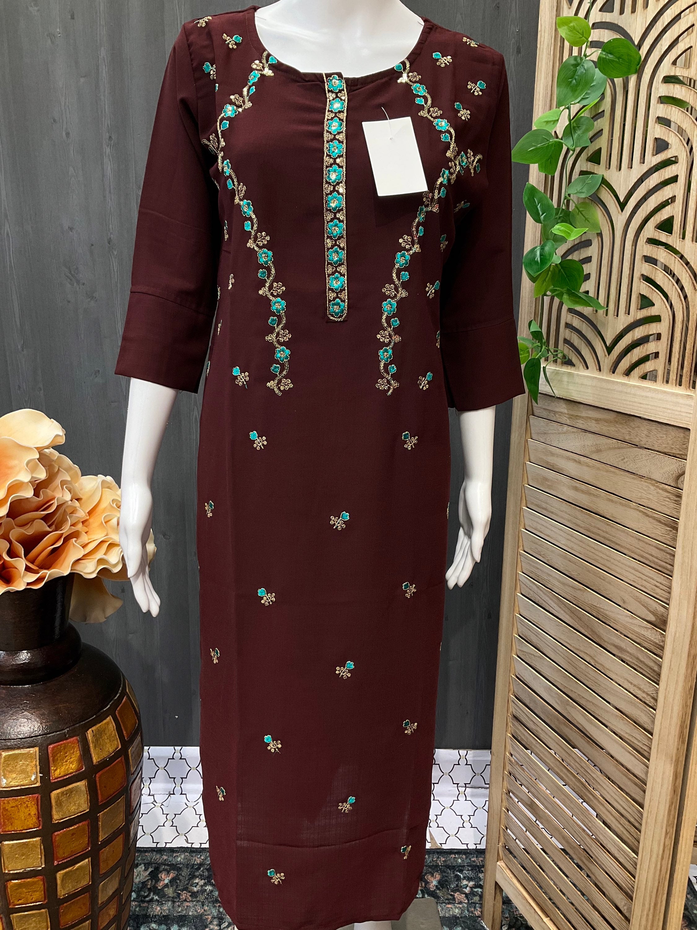 Brown Color- Embroidery Kurti- Size 40/US S image 0