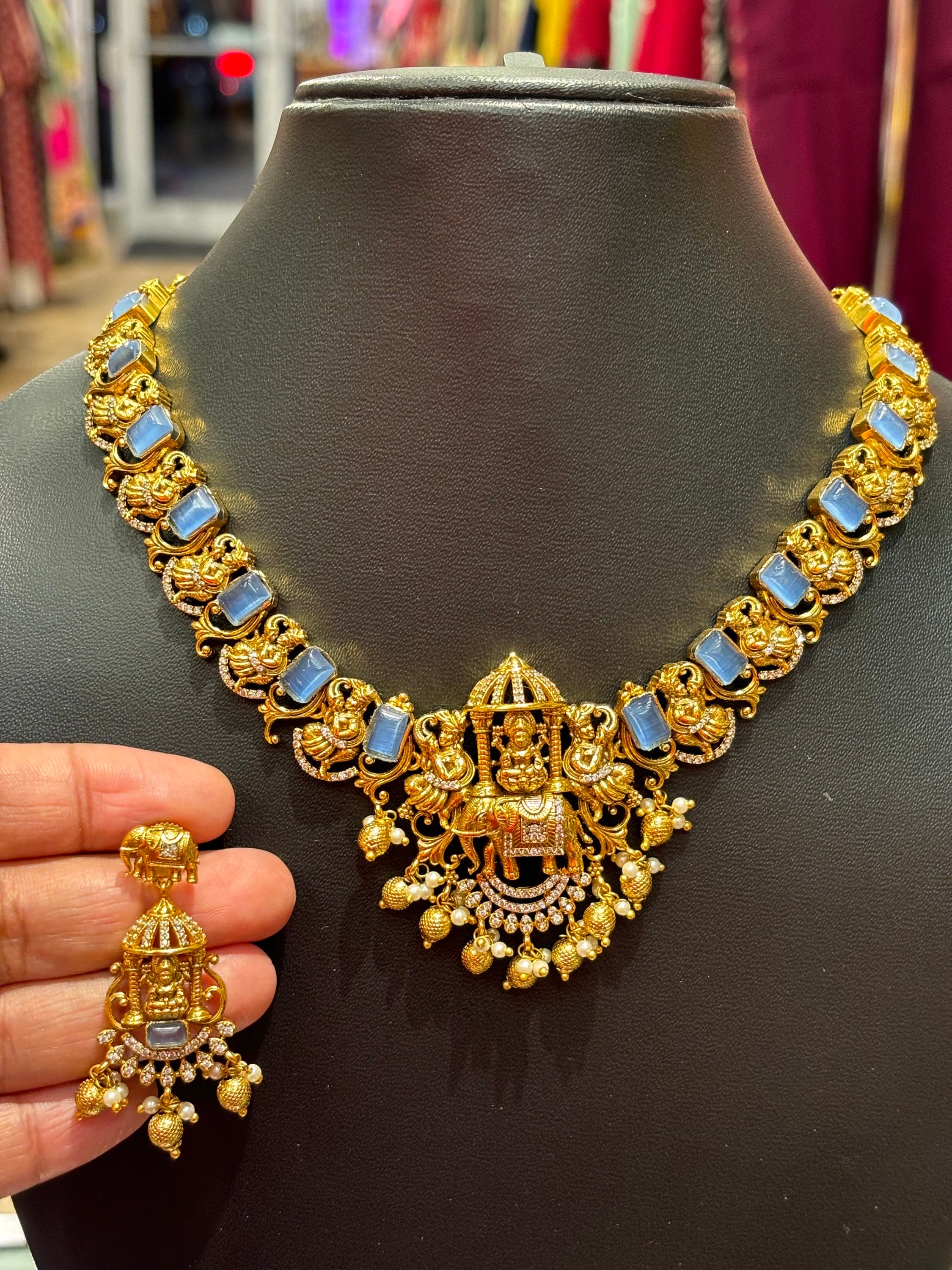 Goddess Lakshmi Necklace set with Blue Stones image 0