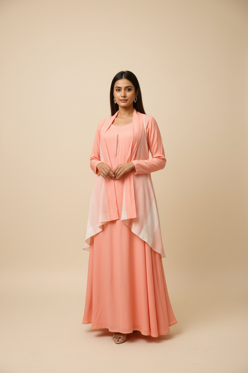 Peach color long kurti with removable jacket- Size 36/US XXS
