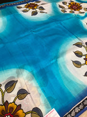 Blue Paper Silk Saree with Floral Print - Lightweight Elegant