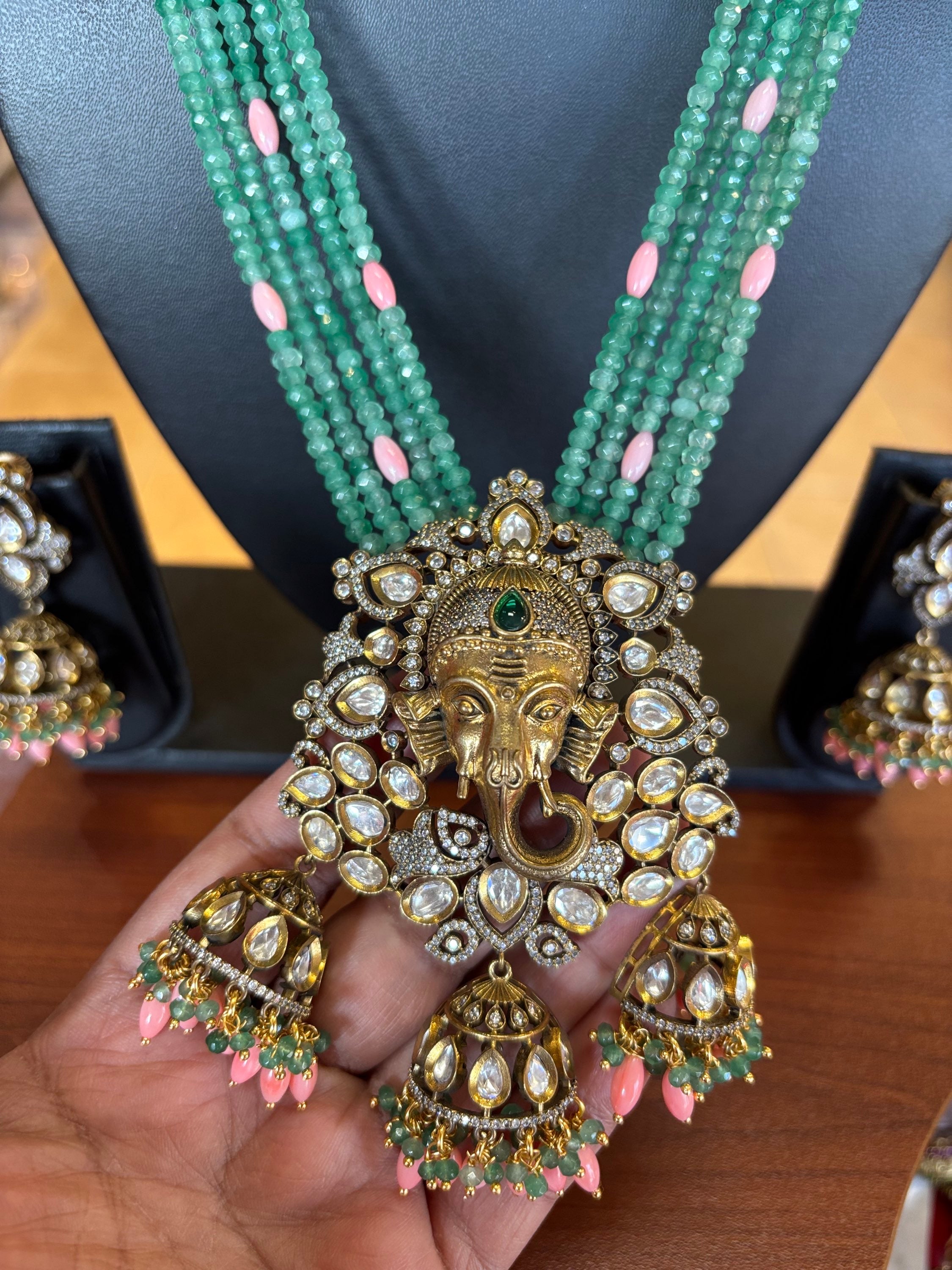 Beads Mala with Victorian Ganesha Pendant and jhumkas image 2