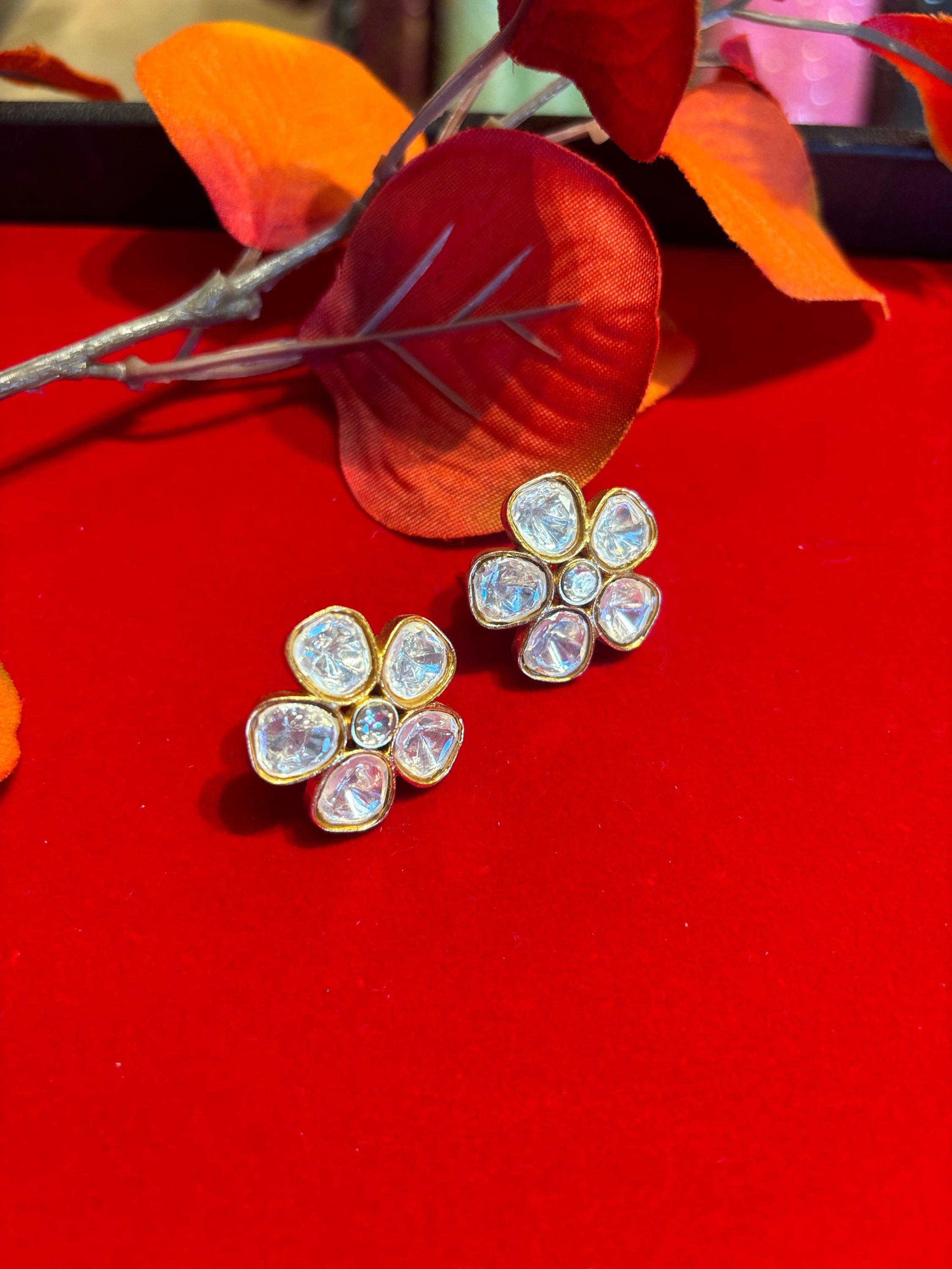 Stud Earrings - Flower Shape Kundan Studs image 0