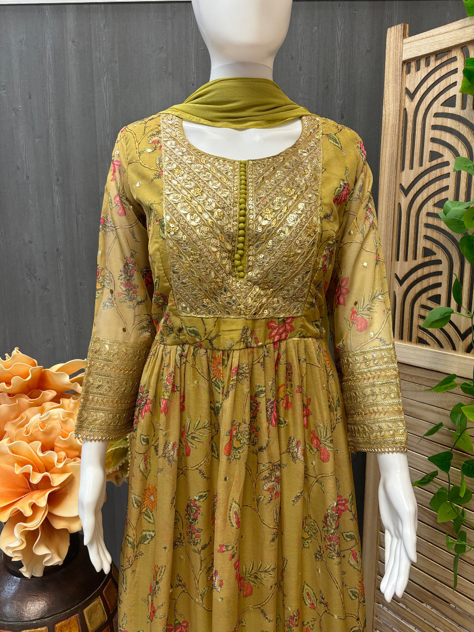 Party Wear Organza Olive Green Long Dress- Size 42/US M image 1