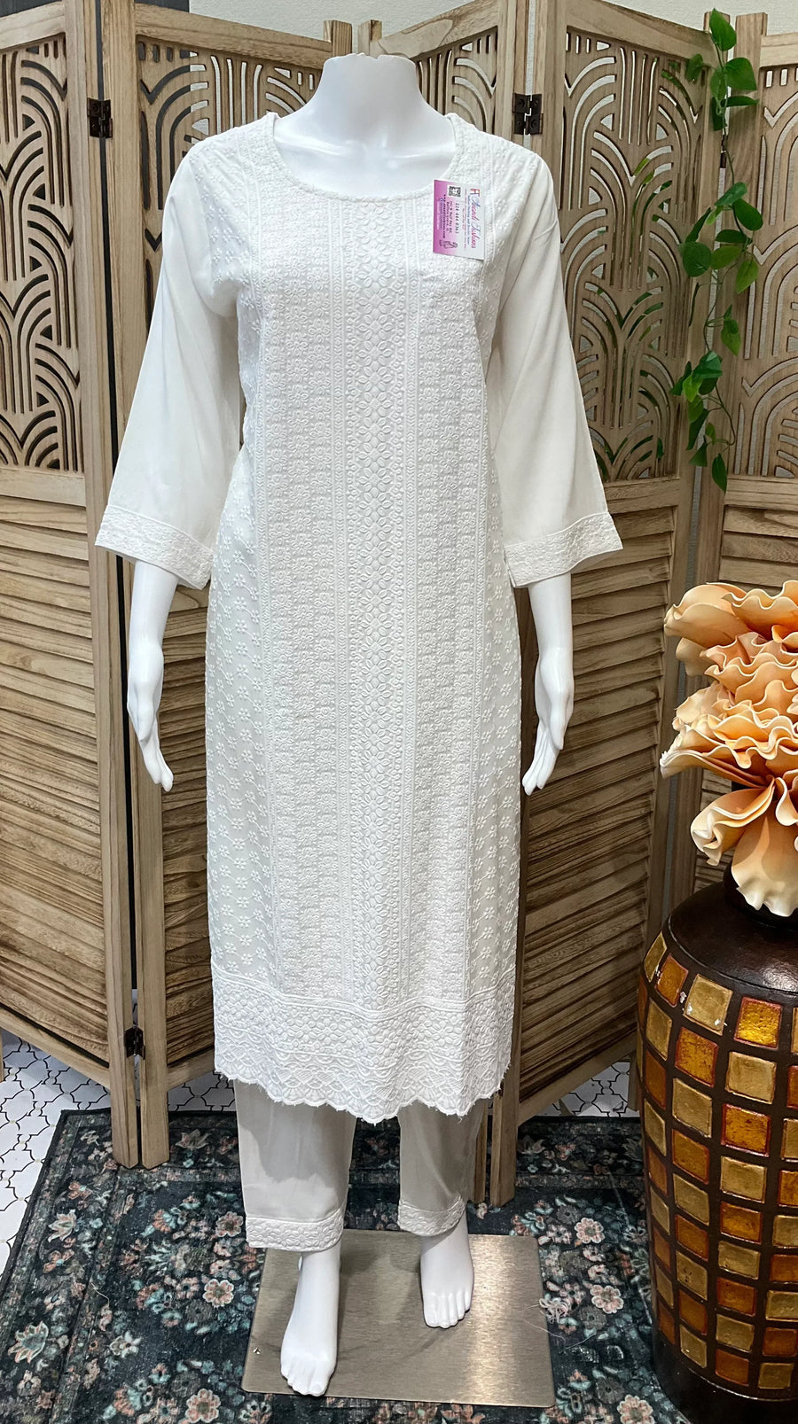 Plus Size White Rayon Chikankari Kurti Set - Size 48 (2-Piece)
