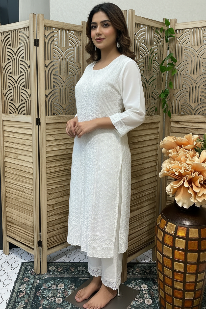 Women’s Plus Size White Rayon Chikankari (2 Piece) Kurti Set