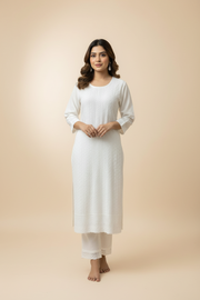 Women’s White Rayon Chikankari (2 Piece) Kurti Set