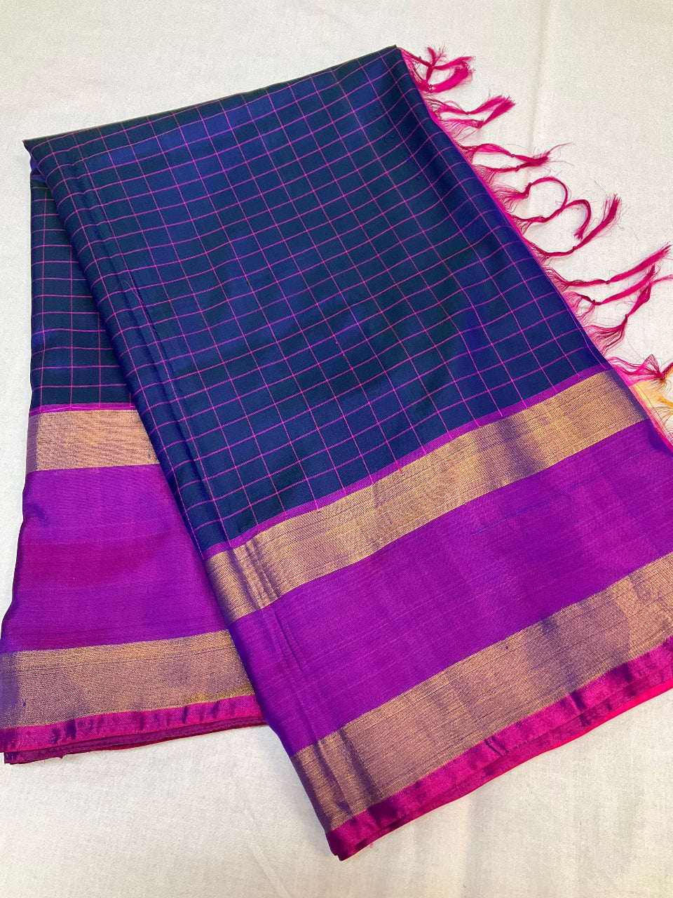 Premium Blue Checks Uppada Silk Saree with Stitched Blouse image 4