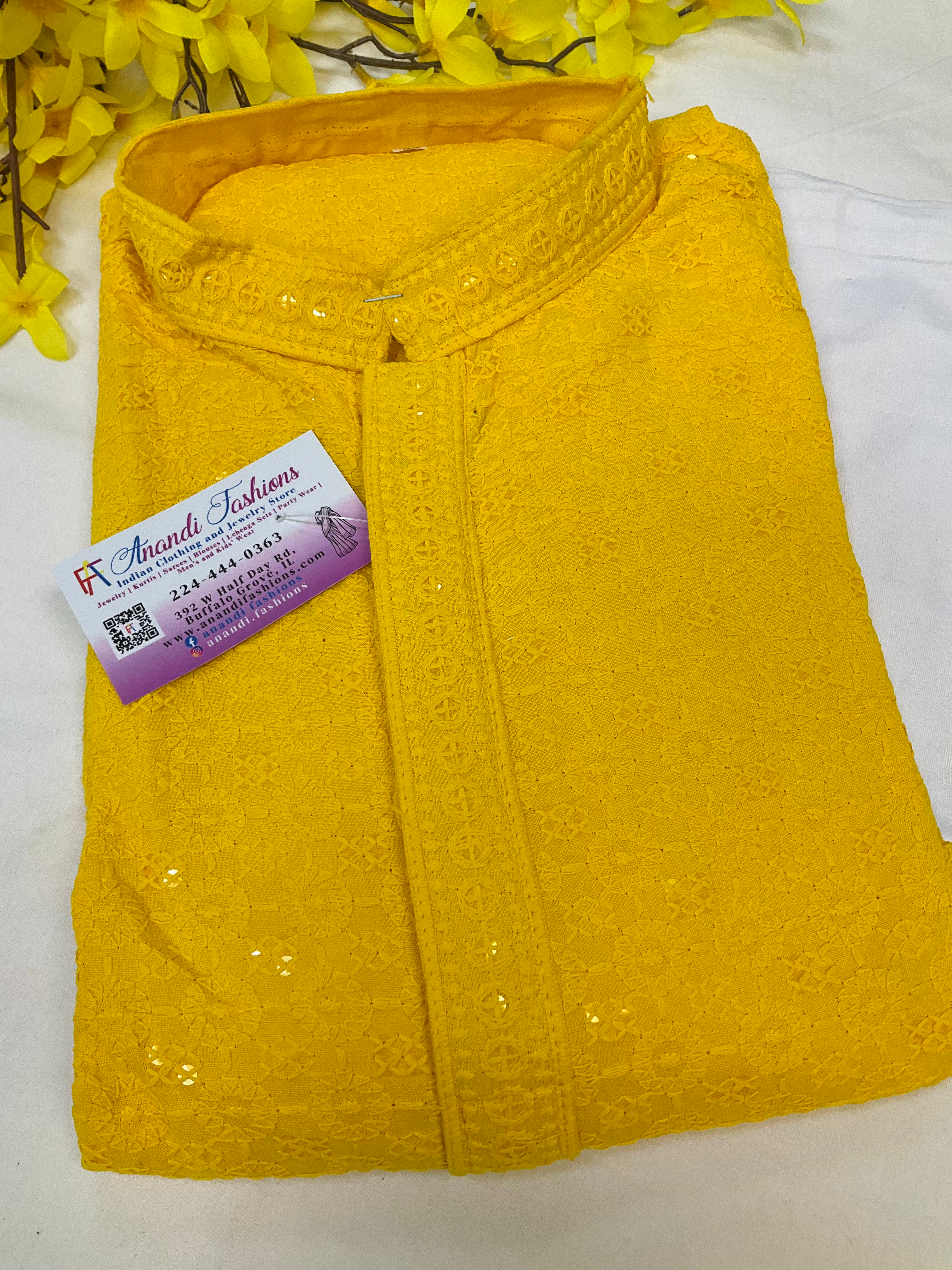 Yellow chikankari kurta set for men-size 42 image 1