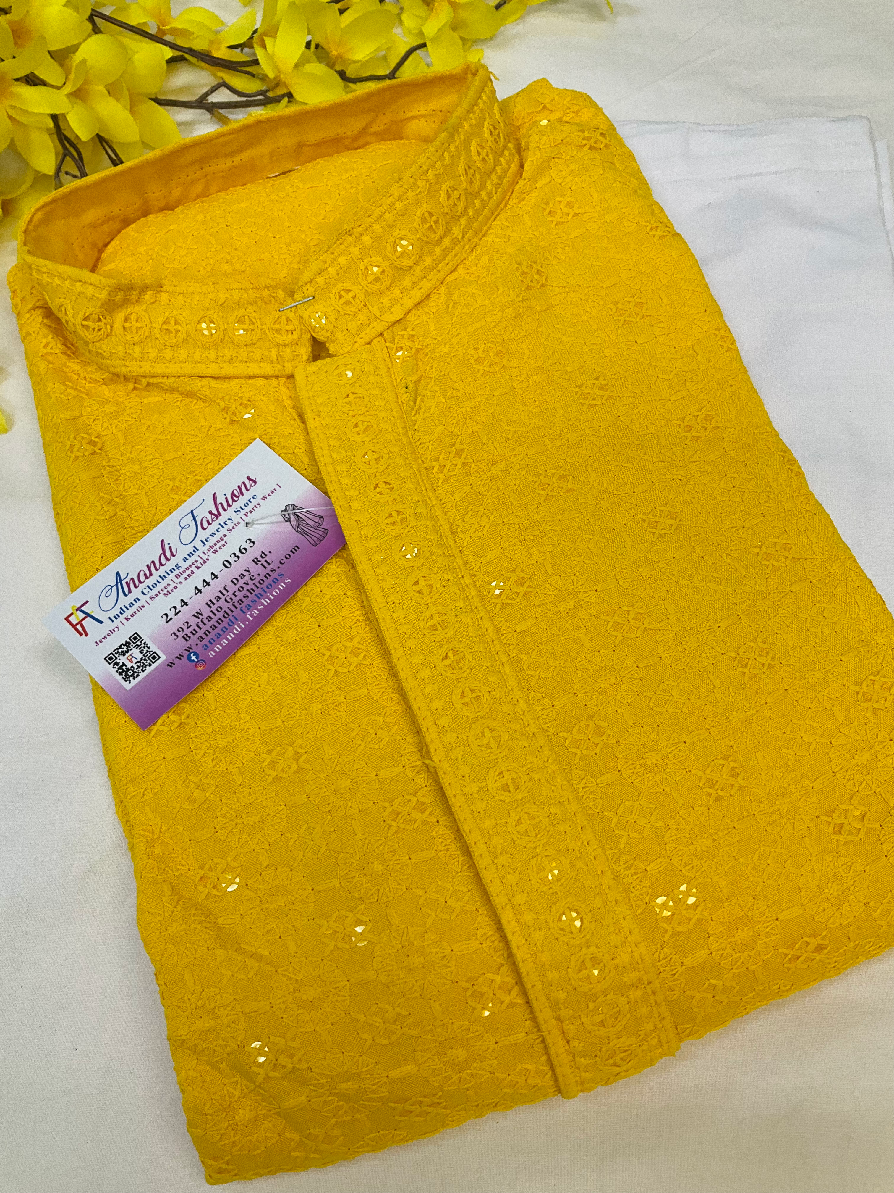 Yellow chikankari kurta set for men-size 42 image 0