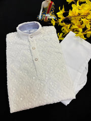 Boys White Chikankari Kurta Pajama Set - Traditional Kids Wear