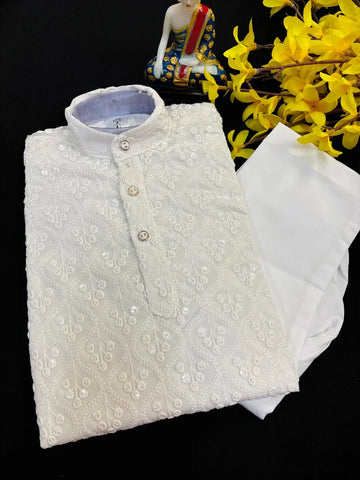 Boys White Chikankari Kurta Pajama Set - Traditional Kids Wear