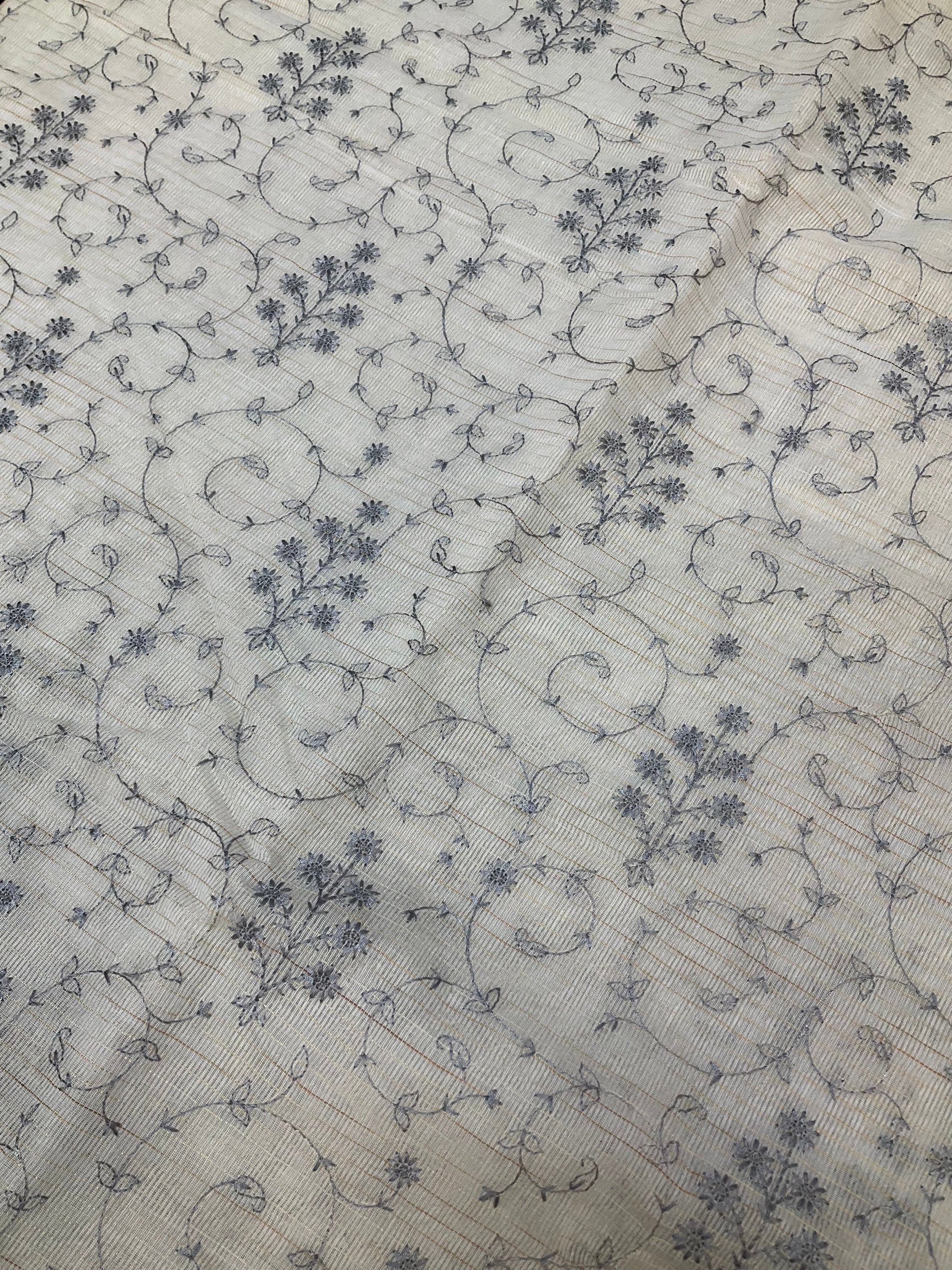 Chinon half white net saree with grey thread embroidery  image 3