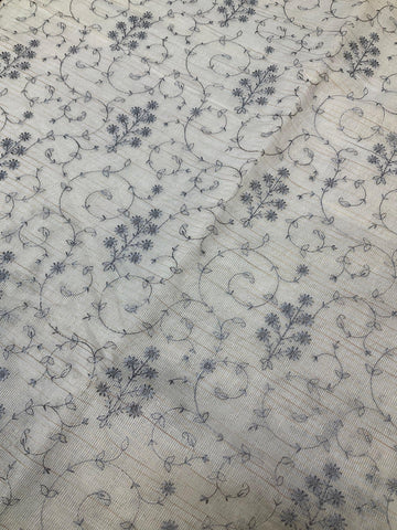 Chinon half white net saree with grey thread embroidery