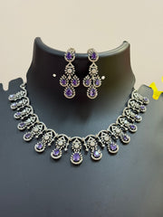 Silver Finish Party Wear CZ Necklace set with Purple Stone