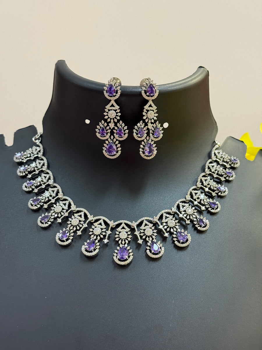 Silver Finish Party Wear CZ Necklace set with Purple Stone