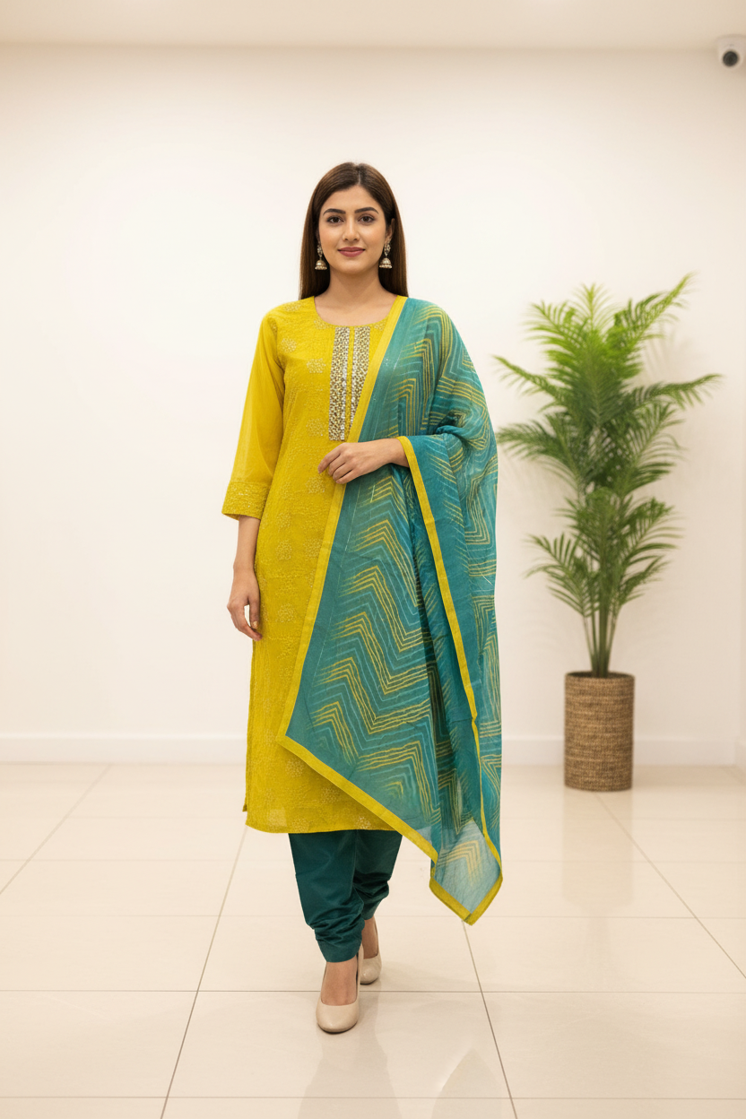 Green Kurti set with Leheriya Dupatta