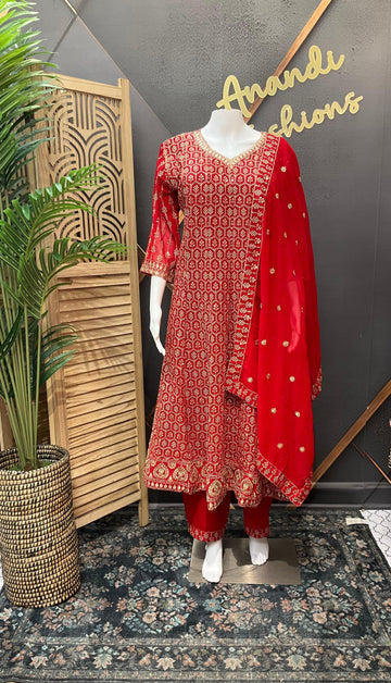 Plus Size Red Anarkali Party Wear Kurti Set Size 46 - Georgette with Gold Zari