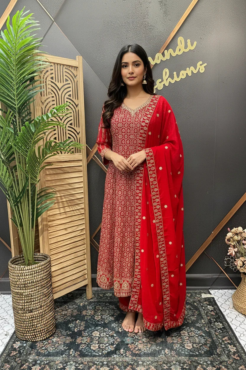 Woman in a red traditional outfit standing in a decorative indoor setting with plants and a wall art piece.
