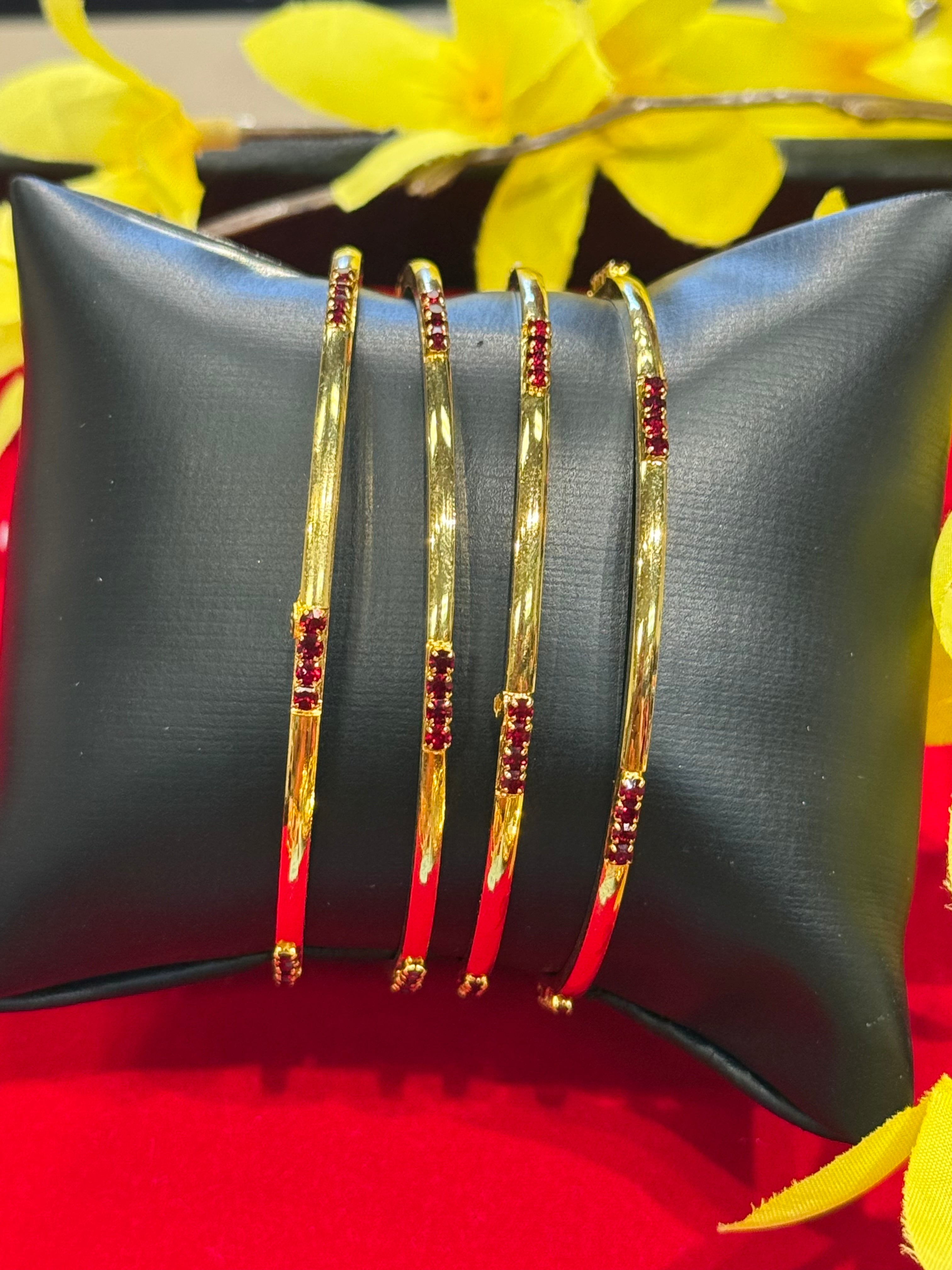 Gold Finish Thin Bangles with Red stones - size 2.8