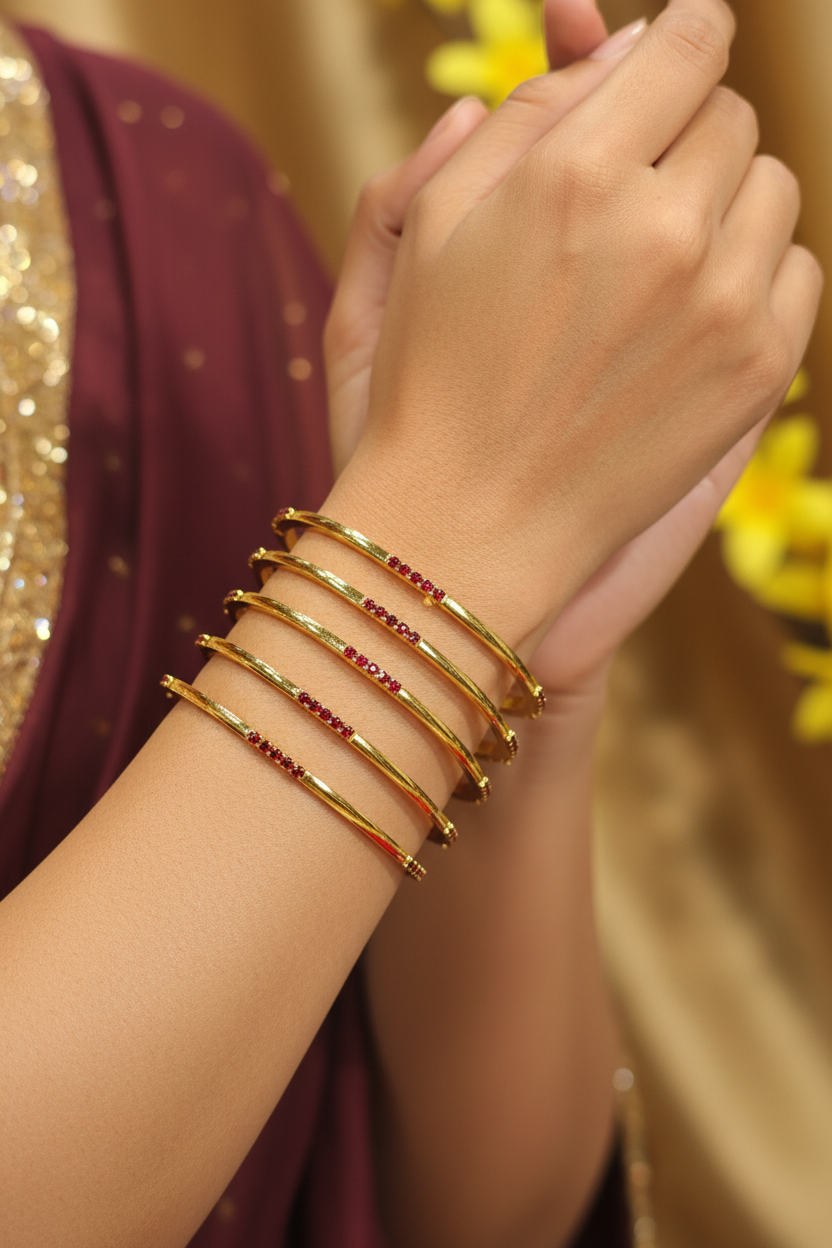 Close-up of a hand wearing five slim gold bangles with red gemstone accents, paired with a maroon ethnic outfit