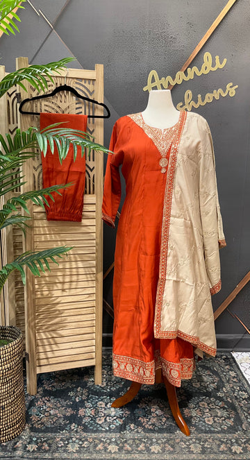 Size 52- Plus Size - Burnt Orange Anarkali Kurti set