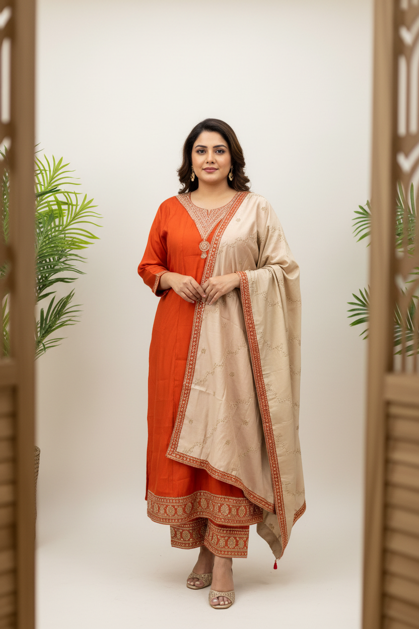 Size 52- Plus Size - Burnt Orange Anarkali Kurti set