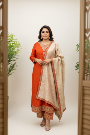 Size 52- Plus Size - Burnt Orange Anarkali Kurti set