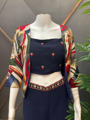 Navy Blue Party Wear Crop Top Palazzo Set with Vest