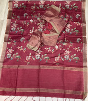 Onion pink digital print floral saree with Stitched blouse