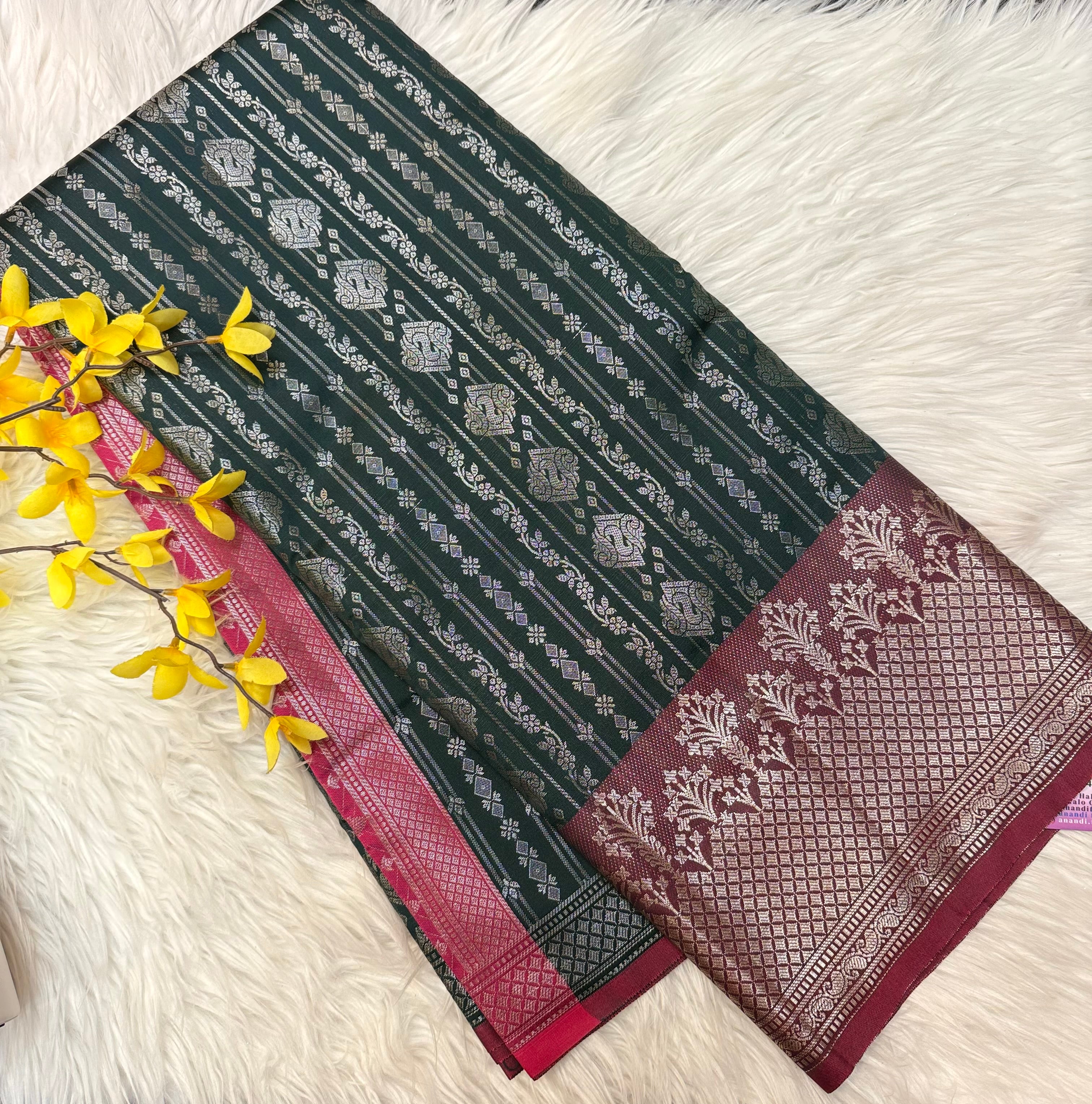 Bottle Green Color- Semi Silk Saree