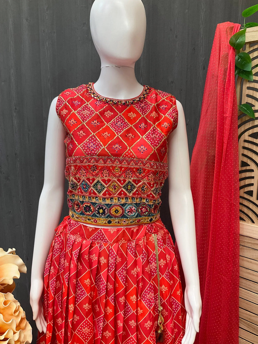 Teen Girls - Orange Lehenga set with Bandhani print
