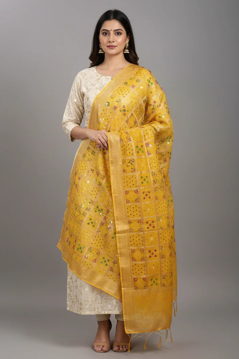 Woman wearing elegant cream ethnic suit with intricate embroidery paired with a yellow embellished Indian dupatta