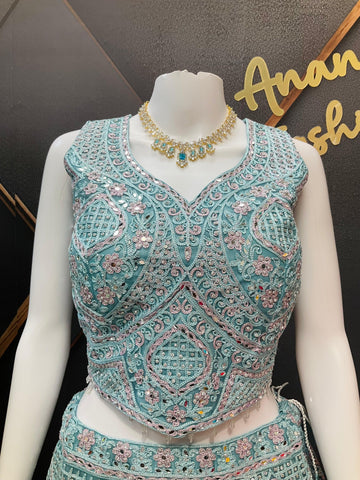 Pastel Net Lehenga Set with Real Mirror Work - Heavy Party Wear