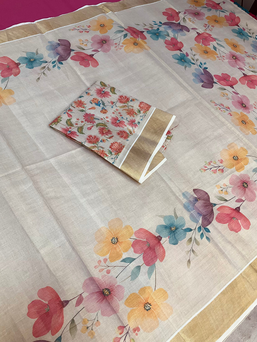 Kerala Set Mundu Saree with Floral Print