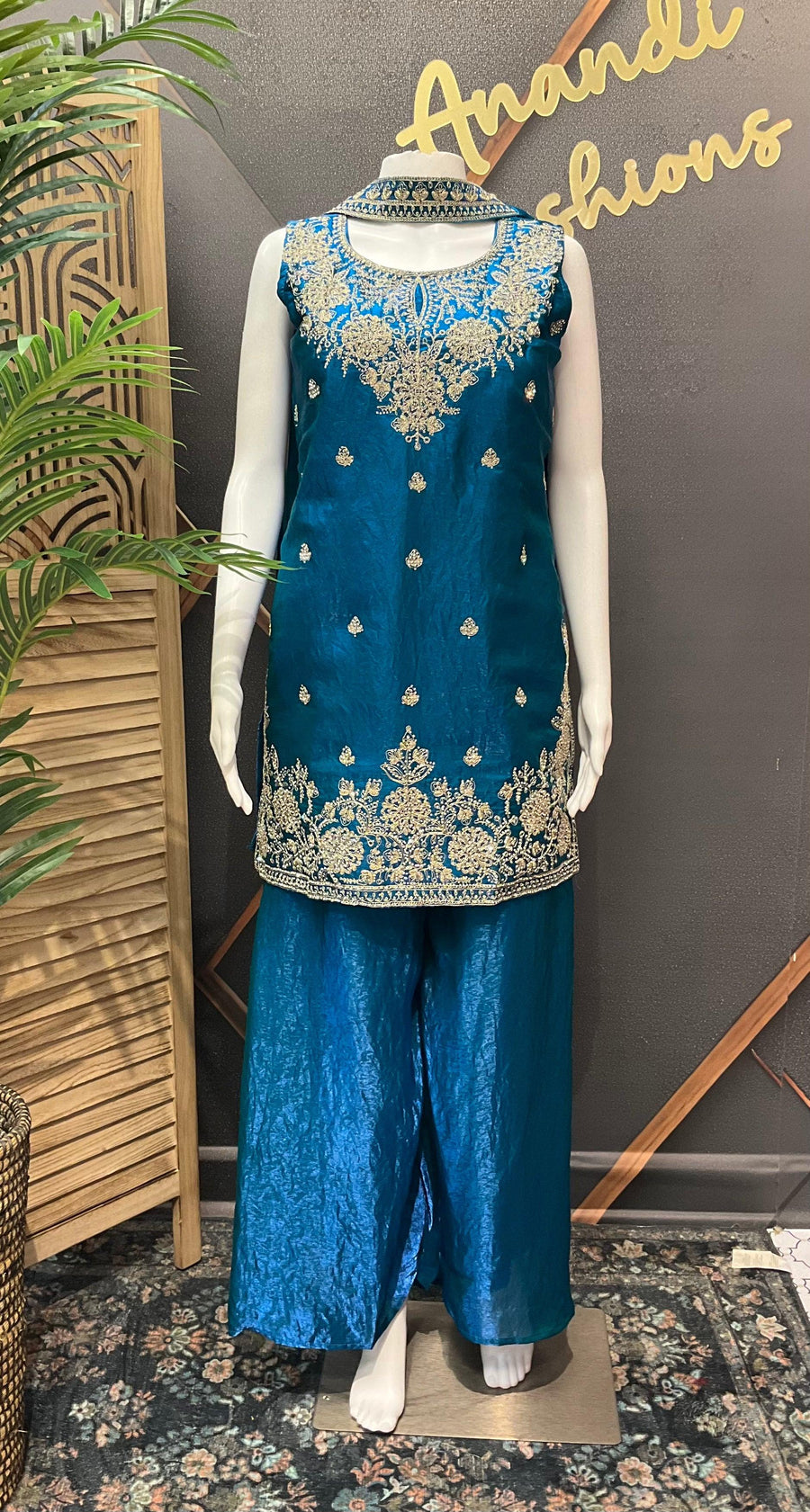 Peacock Blue Party Wear Sharara Set Size 40 - Glass Tissue with Embroidery