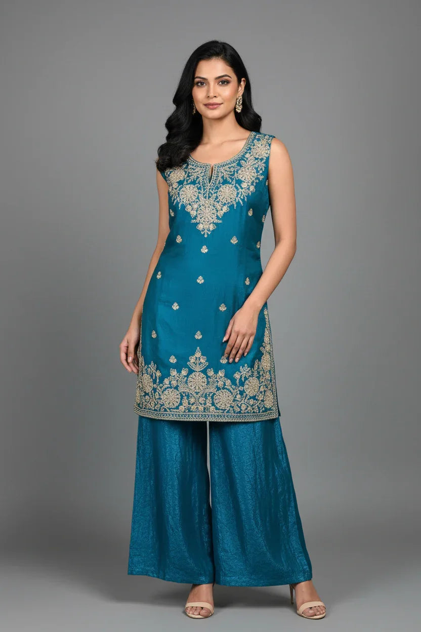 Peacock Blue Glass Tissue with Embroidery Sharara Set
