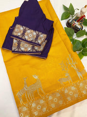 Semi Benarasi Saree with Contrast Stitched Blouse - Premium Quality