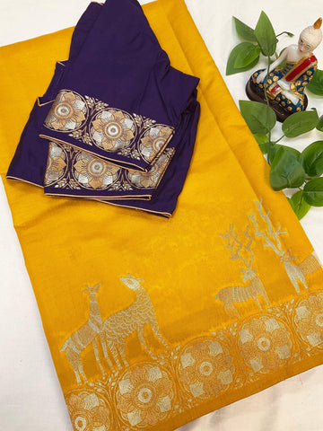 Semi Benarasi Saree with Contrast Stitched Blouse - Premium Quality