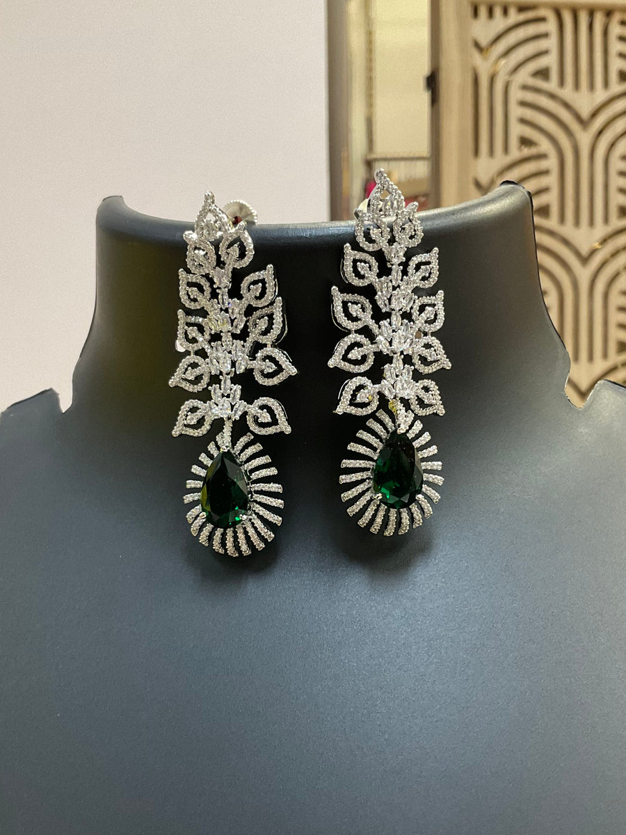 Silver Finish Earrings With Emerald