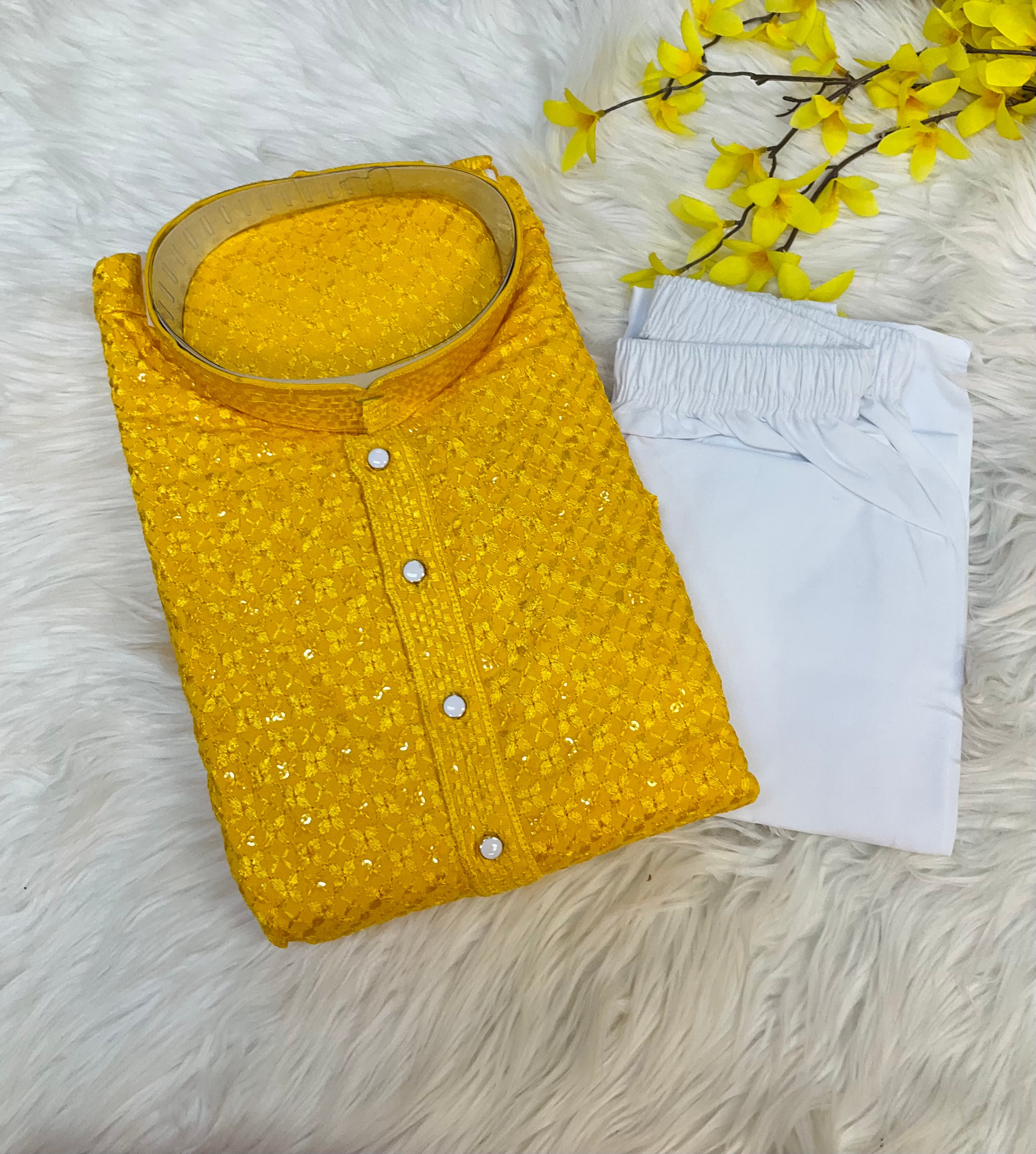 Men’s Yellow Rayon Chikankari Kurta Set – Plus Size