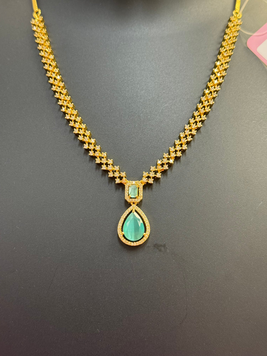 Micro Gold Polish CZ Necklace Set with Mint Green Stone