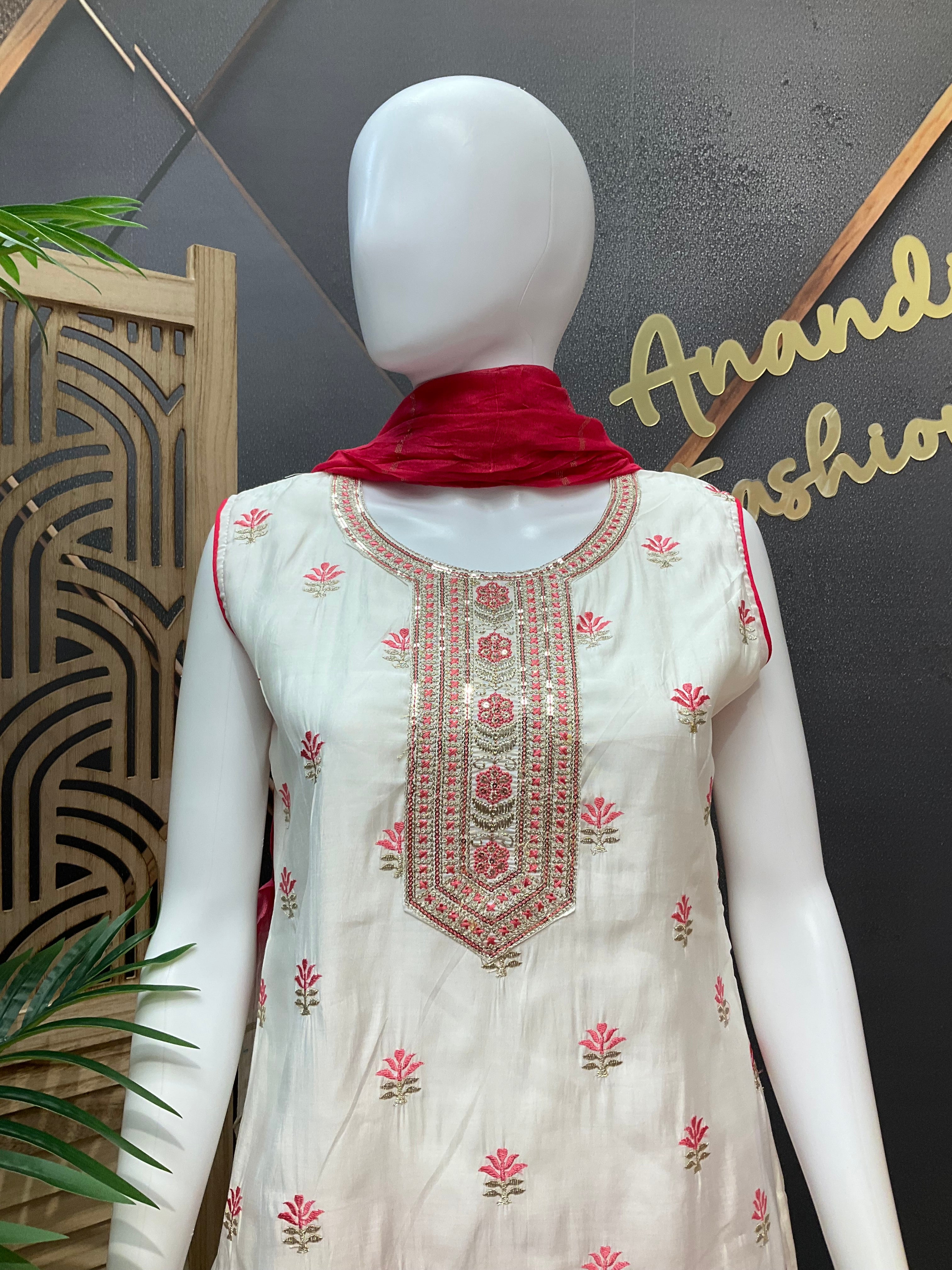 Half white raw silk kurti set