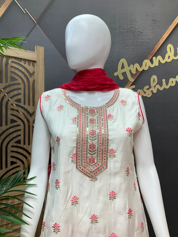 Half white raw silk kurti set