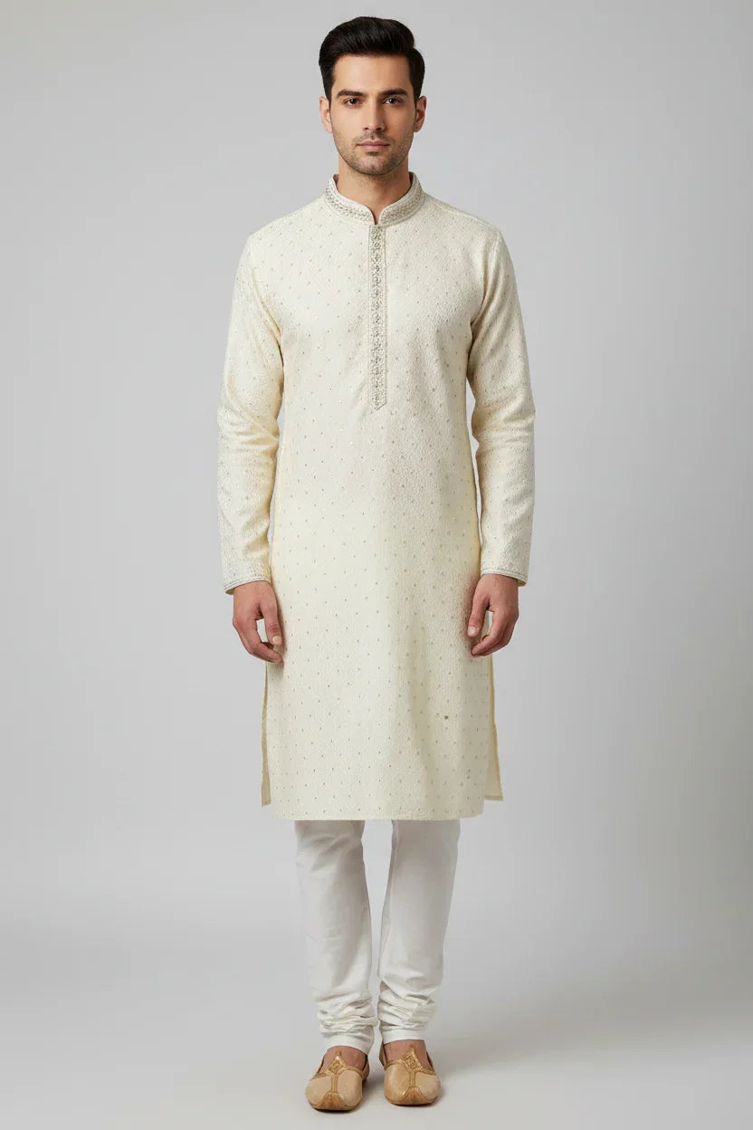 Man wearing an off-white embroidered Indian ethnic kurta with churidar pants and traditional mojari shoes