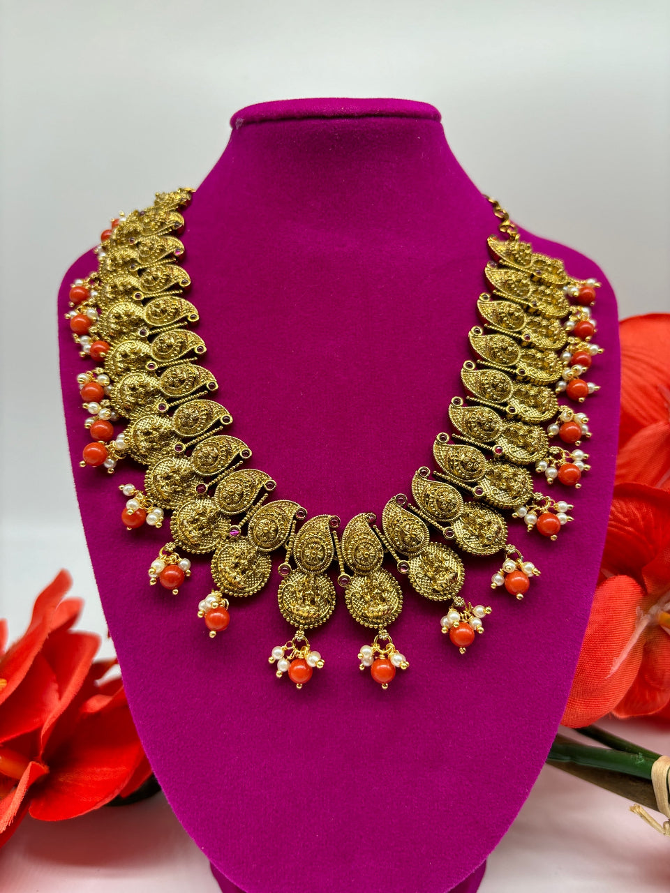 Temple Jewelry - Goddess Lakshmi Necklace set with Coral Beads image 1
