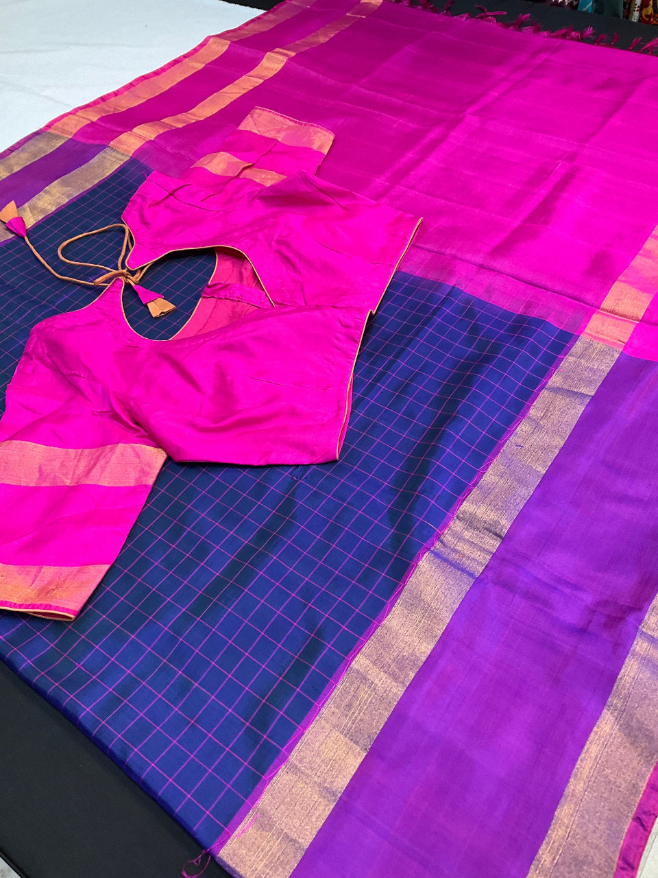 Premium Blue Checks Uppada Silk Saree with Stitched Blouse image 2