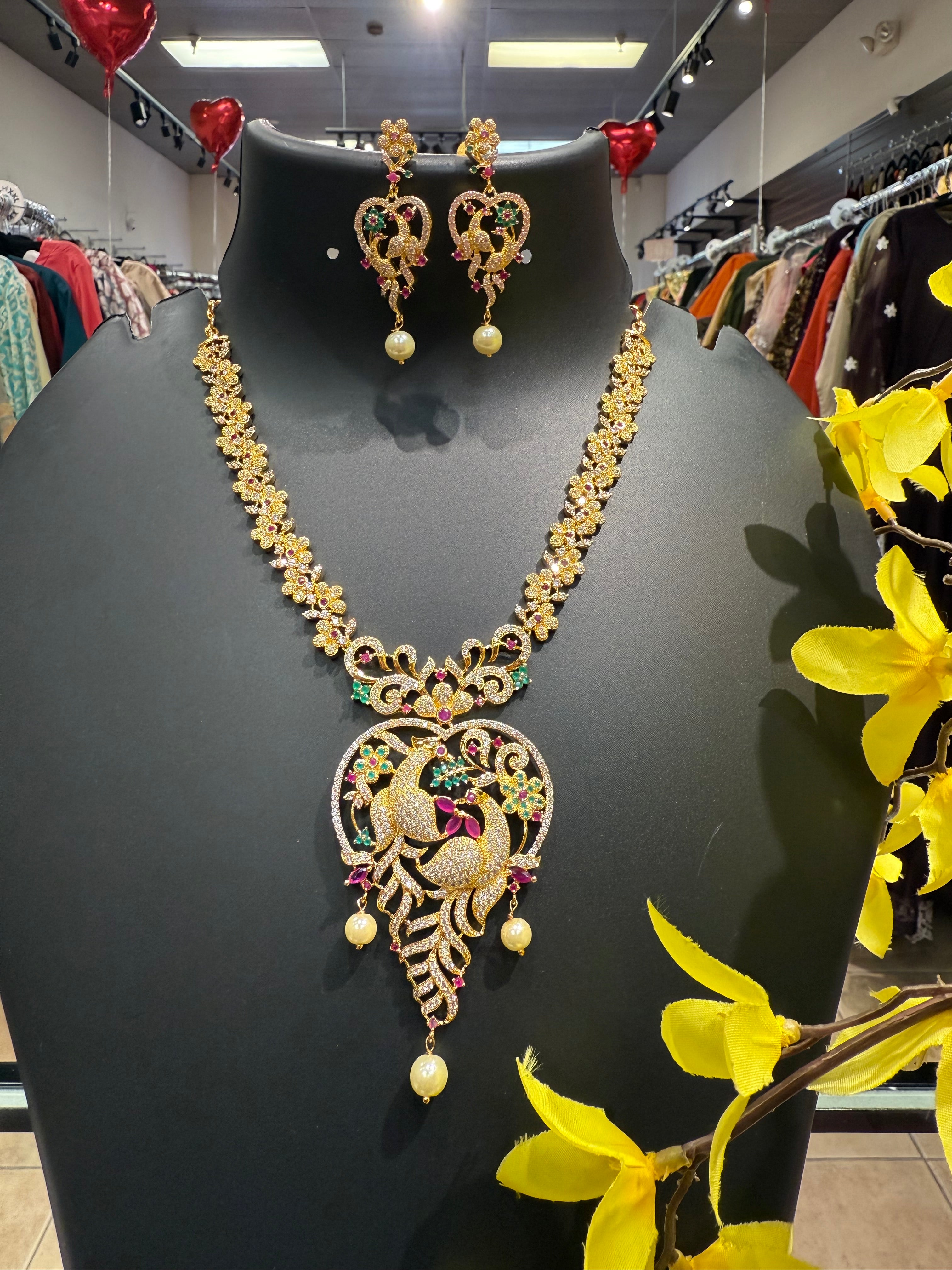 Micro Gold Polish - CZ Necklace set with Peacock pendant